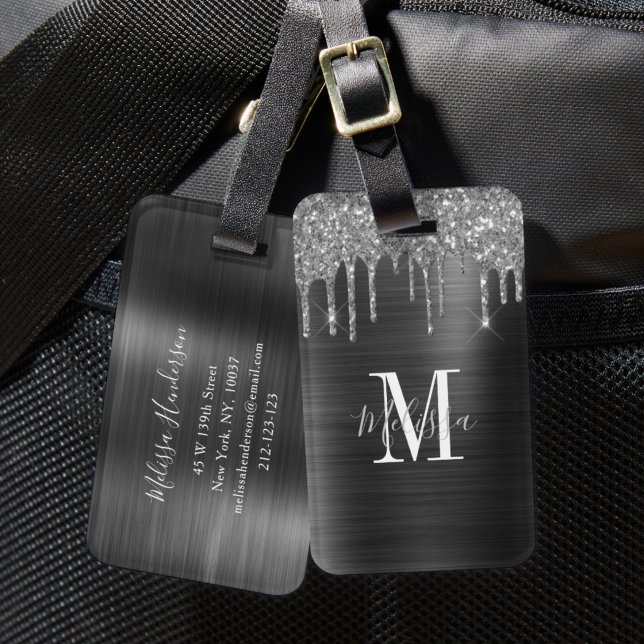 Elegant svart glitterdropp BORSTAT monogram Bagagebricka (Elegant Black Glitter Drip Brushed Monogram Luggage Tag)