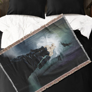 Elegant Svart Gothic Mysterisk Kvinna Korpar Dimma Filt