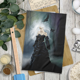 Elegant Svart Gothic Mysterisk Kvinna Korpar Dimma Kökshandduk