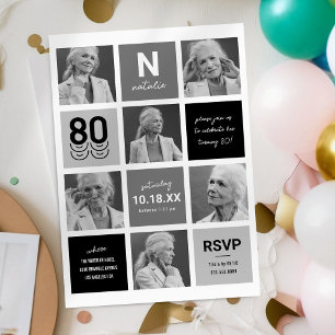 Elegant Svart Grå 80-års Fotoinbjudan Inbjudningar