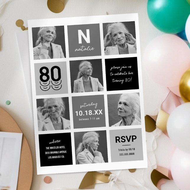 Elegant Svart Grå 80-års Fotoinbjudan Inbjudningar (Skapare uppladdad)