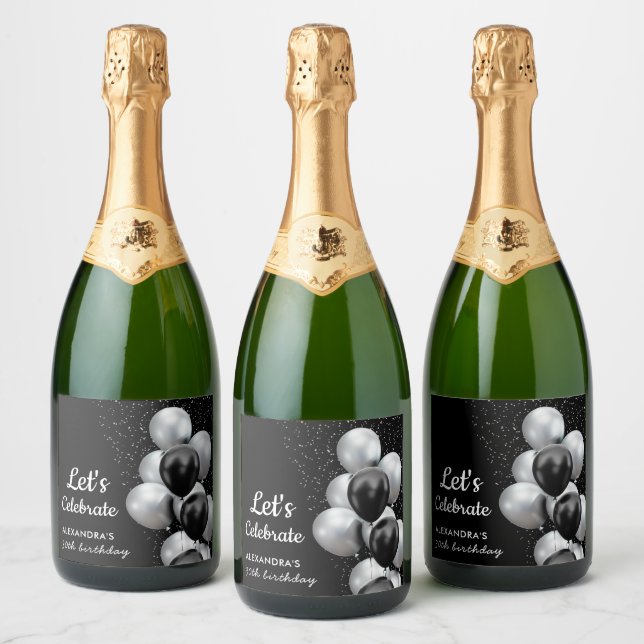 Elegant svart grå ballong chic födelsedag (Flaskor)