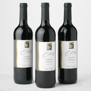 Elegant svart grå guld rand bröllopsfoto vin vinflaska etikett