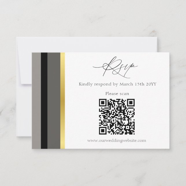 Elegant Svart Grå Guld Rand QR-kod Bröllop OSA Kort (Framsida)