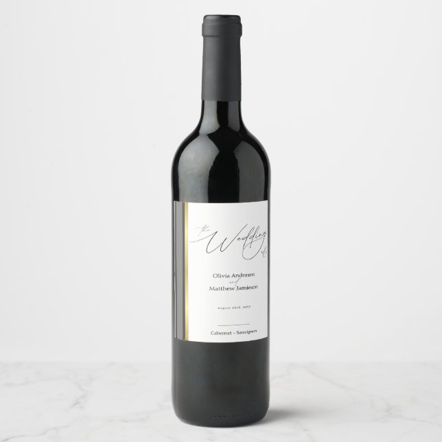 Elegant svart grå guld randig script vin vinflaska etikett (Framsida)