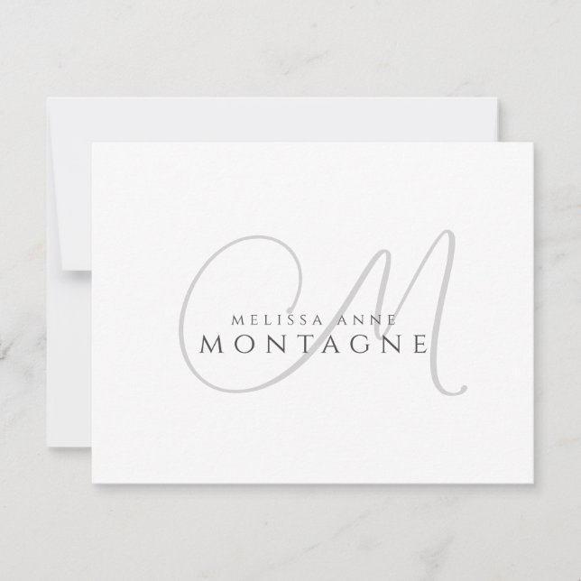 Elegant svart grå monogram platt anteckningskort (Framsida)