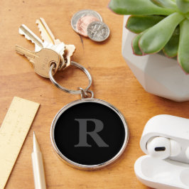 Elegant svart & grått monogram rund silverfärgad nyckelring