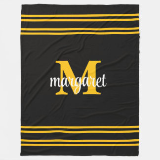Elegant svart & gul vit monogramnamn fleecefilt
