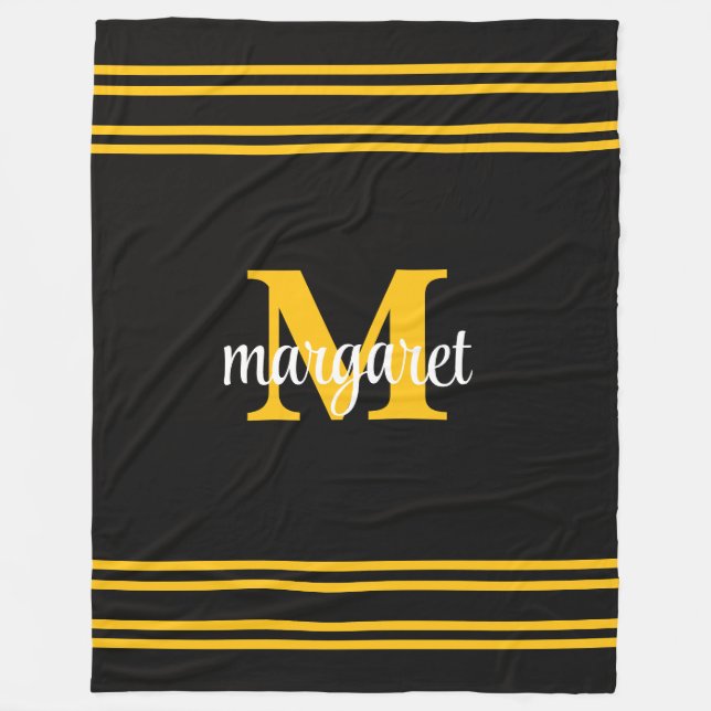 Elegant svart & gul vit monogramnamn fleecefilt (Framsidan)