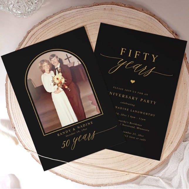 Elegant svart guld 50-års bröllopsjubileum fest inbjudningar (Elegant black and gold 50th wedding anniversary invitations)