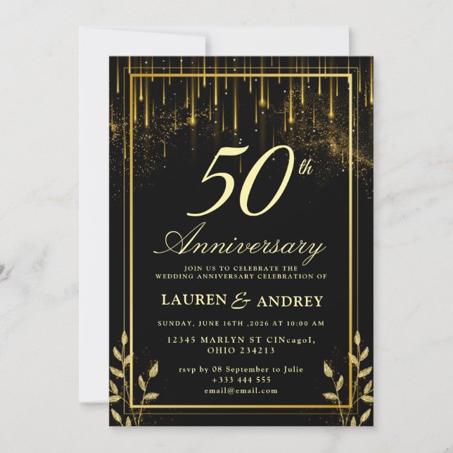 Elegant svart & guld 50-års bröllopsjubileum inbjudningar (Framsida)