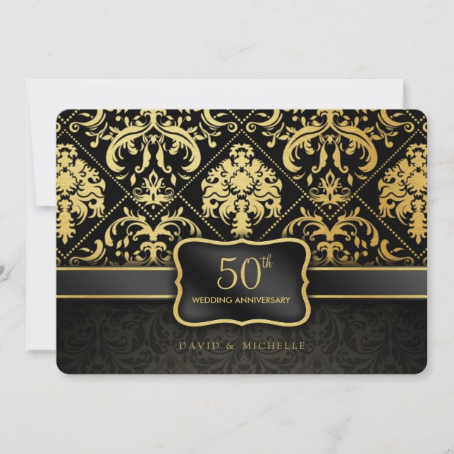 Elegant svart & guld 50-års bröllopsjubileum inbjudningar (Framsida)