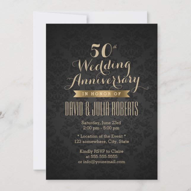 Elegant svart & guld 50-års bröllopsjubileum inbjudningar (Framsida)
