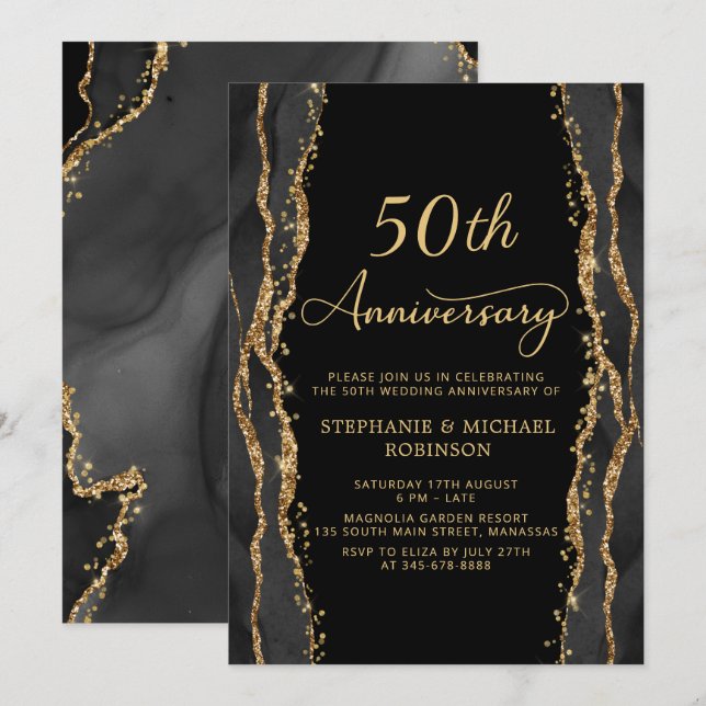 Elegant svart guld 50-års bröllopsjubileum inbjudningar (Fram/baksida)