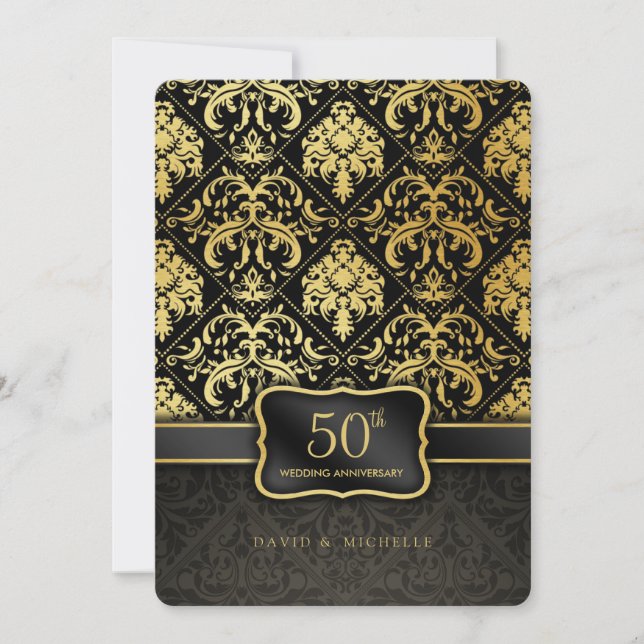 Elegant svart & guld 50-års bröllopsjubileumsmeny inbjudningar (Framsida)
