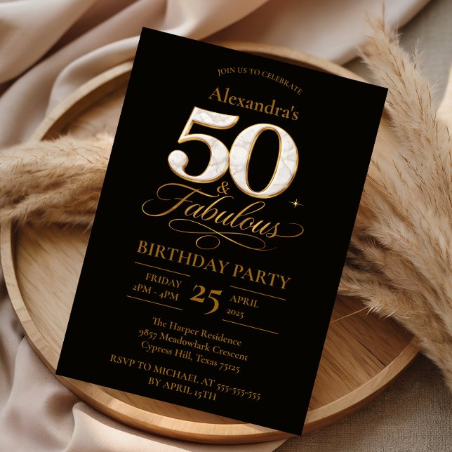 Elegant Svart Guld 50-årsdag Inbjudningar (Skapare uppladdad)