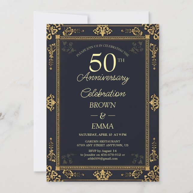 Elegant Svart Guld 50-årsjubileum Firar Inbjudningar (Framsida)