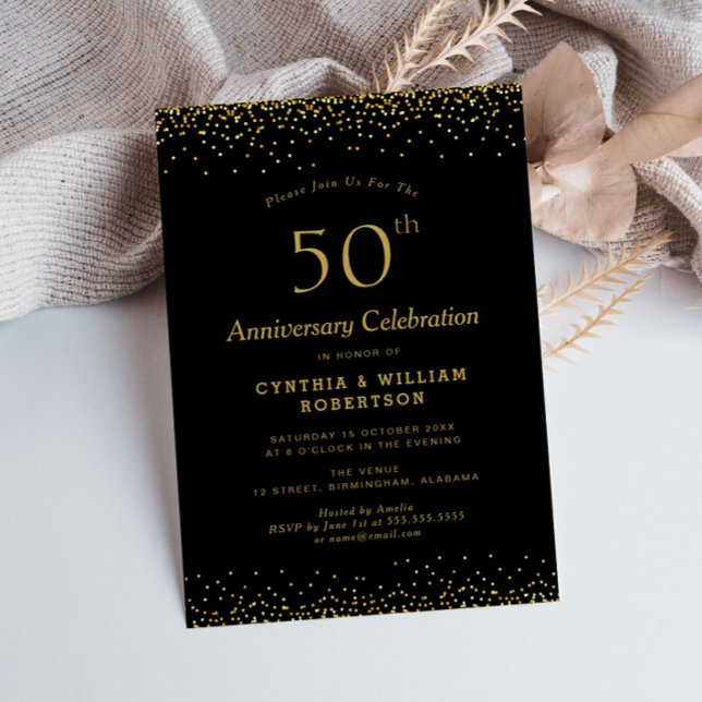 Elegant svart guld 50:e bröllop-årsdagen inbjudningar (Skapare uppladdad)
