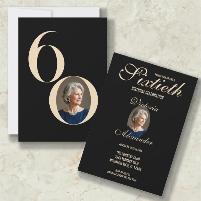 Elegant svart guld 60-års födelsedagsfoto  inbjudningar (Elegant Black Gold 60th Birthday Photo Invitation)
