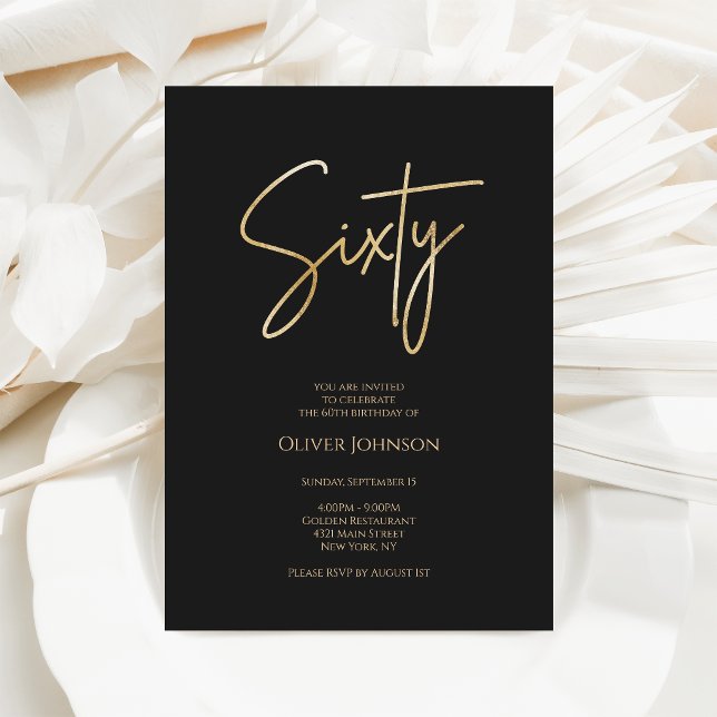 Elegant svart guld 60-års födelsedagsinbjudan inbjudningar (Elegant Black Gold 60th Birthday Invitation)