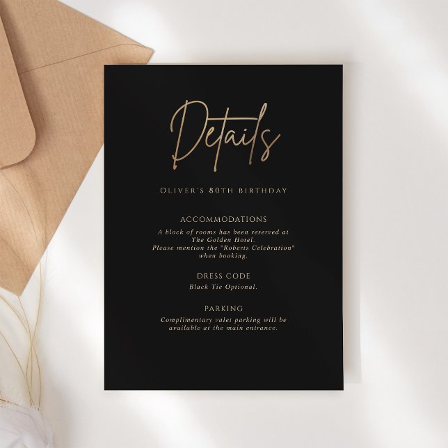 Elegant Svart Guld 80-årsdag Detaljerat Kort (Elegant Black Gold 60th Birthday Details Card)