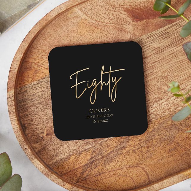 Elegant svart guld 80-årsfest underlägg papper kvadrat (Elegant Black Gold 80th Birthday Party Square Paper Coaster)