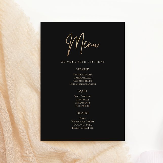 Elegant svart guld 80-årsfirande menykort inbjudningar (Elegant Black Gold 80th Birthday Party Menu Card)