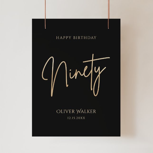 Elegant svart guld 90-årsfirande affisch (Elegant Black Gold 90th Birthday Party Poster)