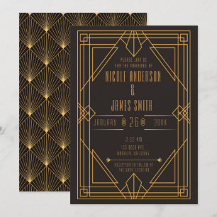 Elegant svart guld Art Deco bröllop äktenskap Inbjudningar