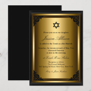 Elegant svart guld bat mitzvah-inbjudan inbjudningar