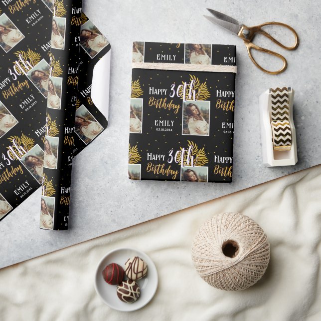 Elegant svart guld blad 30-årsdag presentpapper (Hantverk)