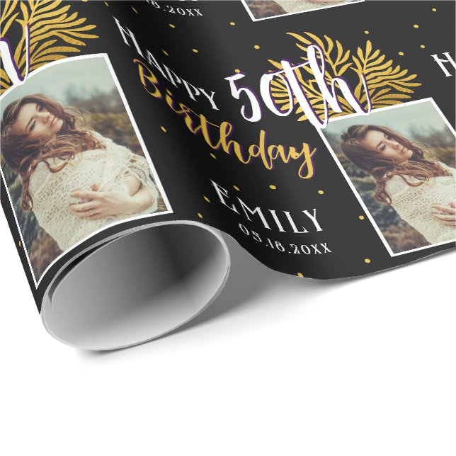 Elegant svart guld bladverk 50-årsdag presentpapper (Rullad Hörn)