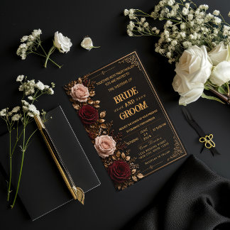 Elegant svart & guld blommig bröllopsinbjudan inbjudningar