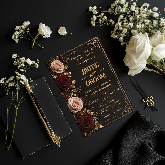 Elegant svart & guld blommig bröllopsinbjudan inbjudningar (Skapare uppladdad)