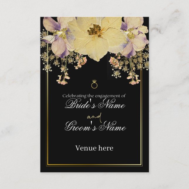 Elegant svart & guld blommig förlovningsfest  inbjudningar (Framsida)