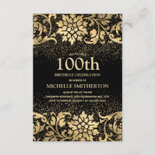 Elegant svart guld blommig glitter 100-årsdag inbjudningar