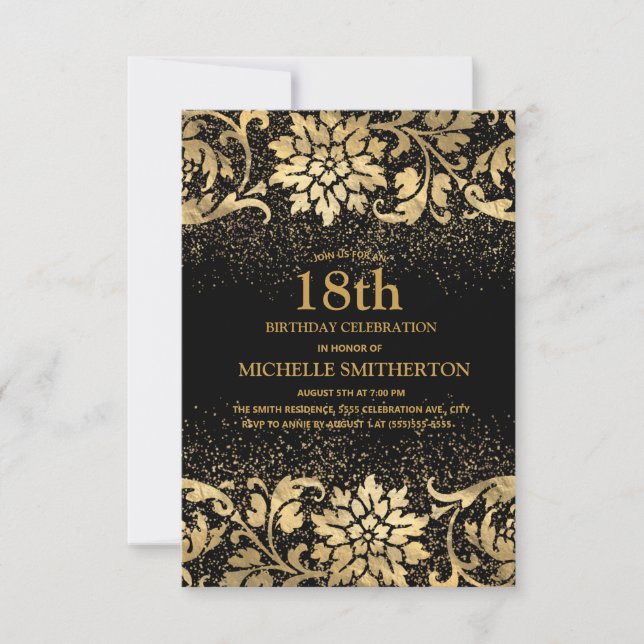 Elegant svart guld blommig glitter 18-årsdag inbjudningar (Framsida)