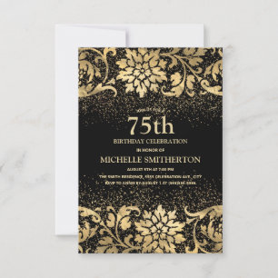 Elegant svart guld blommig glitter 75-årsdag inbjudningar