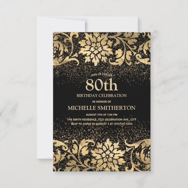 Elegant svart guld blommig glitter 80-årsdag inbjudningar (Framsida)