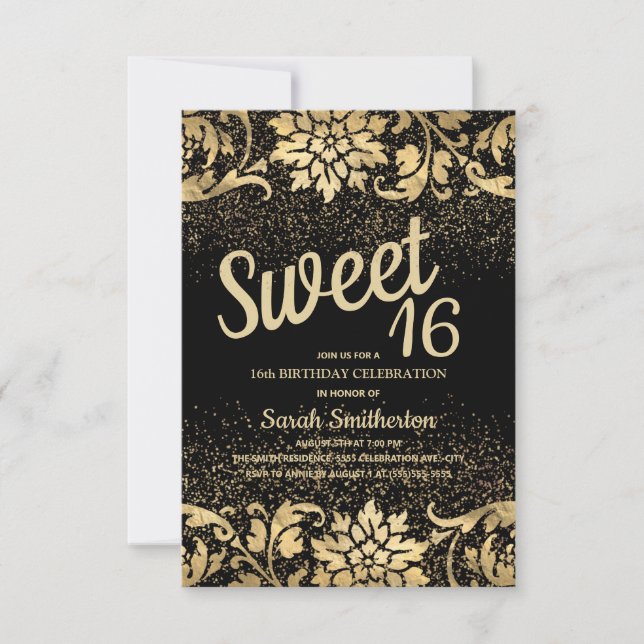 Elegant svart guld blommig glitter Sweet 16 Inbjudningar (Framsida)