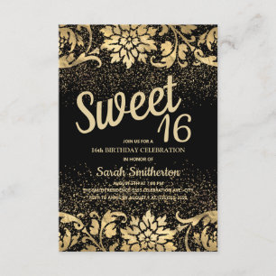 Elegant svart guld blommig glitter Sweet 16 Inbjudningar
