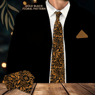 Elegant svart guld blommig mönster monogram slips
