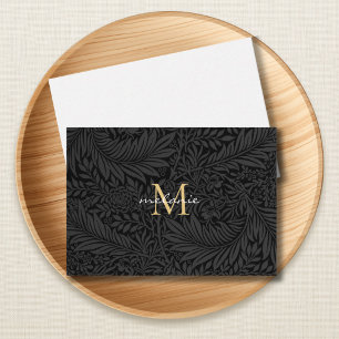 Elegant svart guld blommig scriptmonogram anteckningskort