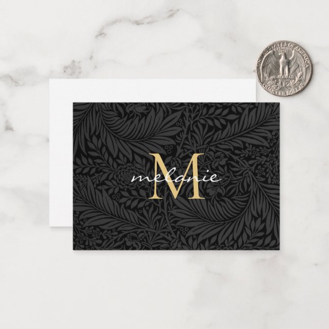 Elegant svart guld blommig scriptmonogram anteckningskort (Fram/Back In Situ)