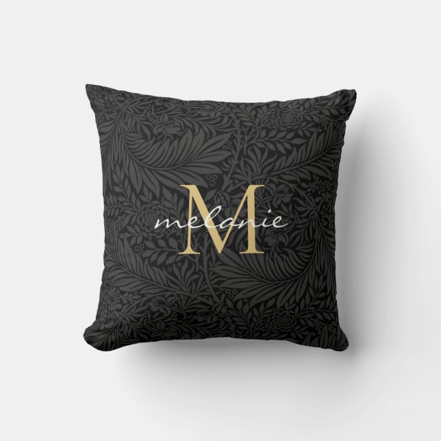 Elegant svart guld blommig scriptmonogram kudde (Framsida)