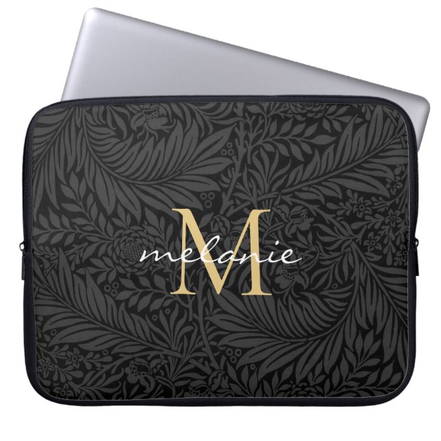 Elegant svart guld blommig scriptmonogram laptop fodral (Framsidan)