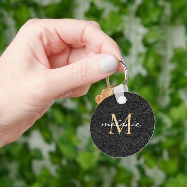Elegant svart guld blommig scriptmonogram nyckelring (Hand)