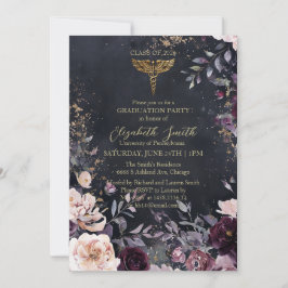 Elegant svart & guld blommig sjuksköterske- examen inbjudningar