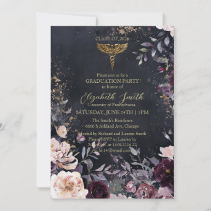Elegant svart & guld blommig sjuksköterske- examen inbjudningar