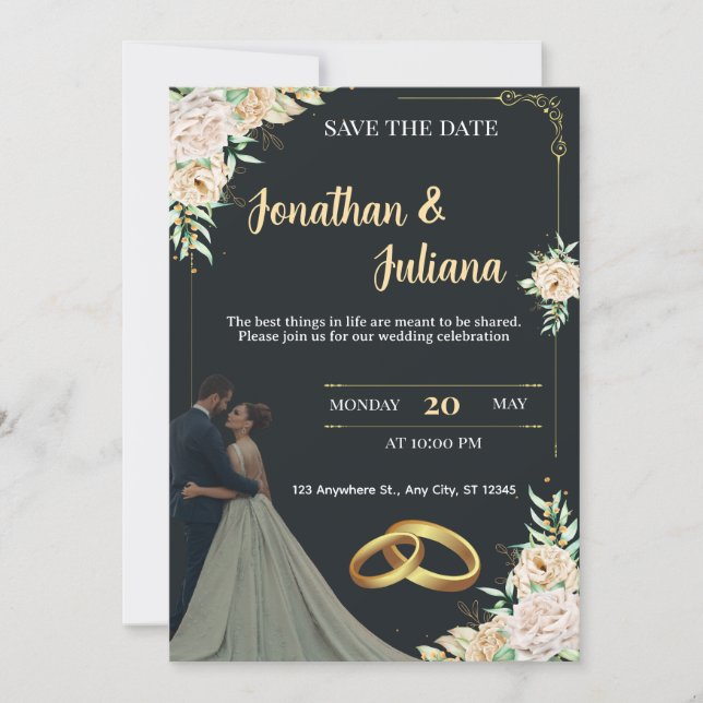 Elegant svart & guld blommig Spara datum Bröllop  Inbjudningar (Framsida)